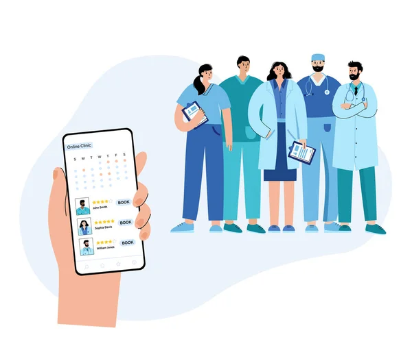 Prenotazione Medici Clinica Online Team Specialisti Pronto Aiutare Tramite Smartphone — Vettoriale Stock