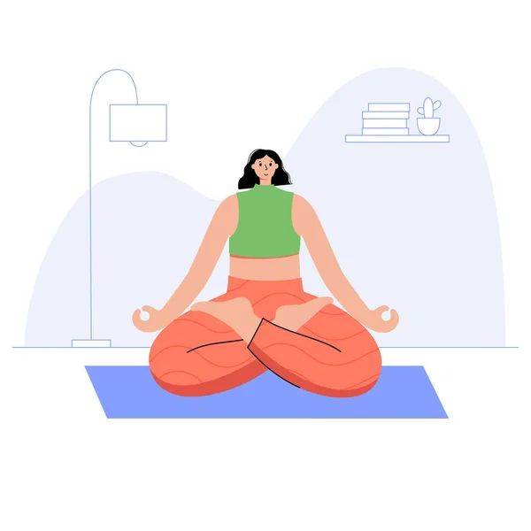 Happy Woman Performs Lotus Yoga Pose Home Her Room Mat — Stock Vector