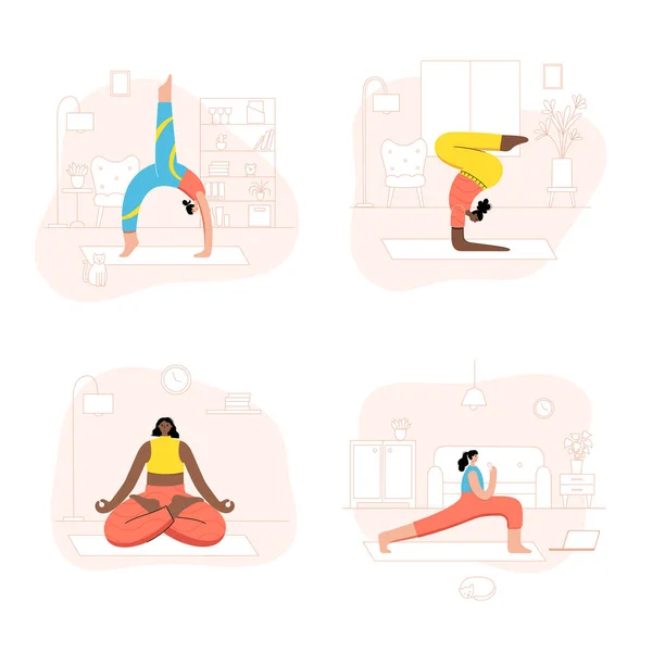 Vector yoga set Women Sketch asana Girl exercises Healthy