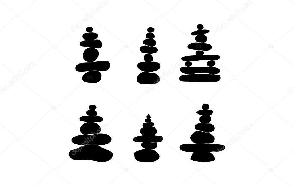 Balanced black stone cairns forming a pyramid like pile. Zen, harmony, and meditation. Minimalist composition, peace, tranquility, and mindfulness. Wellness, spa, nature and relax concept vector