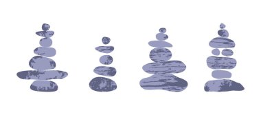 Dengeli gri taş cairns yığını gibi bir piramit oluşturur. Zen, ahenk ve meditasyon. Minimalist kompozisyon, barış, sükunet ve farkındalık. Sağlık, kaplıca, doğa ve rahatlama konsepti vektörü