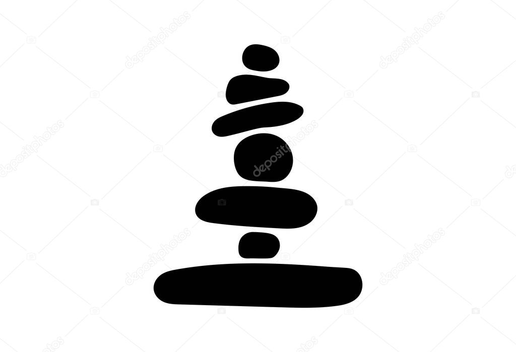 Balanced black stone cairns forming a pyramid like pile. Zen, harmony, and meditation. Minimalist composition, peace, tranquility, and mindfulness. Wellness, spa, nature and relax concept vector