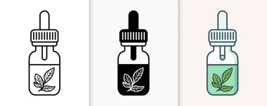 Doğal ilaçlar ve aromaterapi için içinde bitkisel yaprak ikonları olan üç temel yağ damlası şişesi seti.