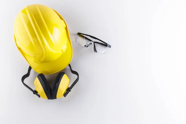 Construction Safety Equipment Including Hard Hat Earmuffs Protective Goggles White — Stock Photo, Image