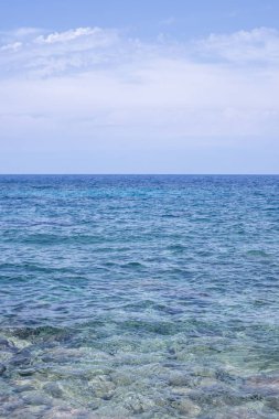 Portre yönünde bulutlu mavi gökyüzü altında berrak okyanus dalgaları