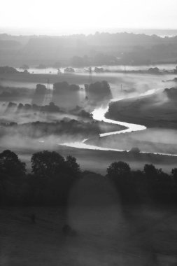 Gri tonlamalı görüntü güneş doğarken sis kaplı bir park.