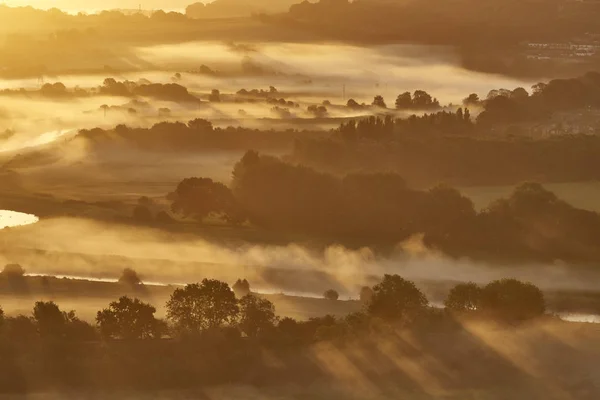 Rayons Soleil Matinaux Sur Parc National South Downs Couvert Brume — Photo