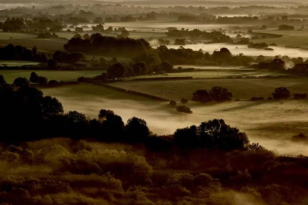 Campos Del Parque Nacional South Downs Con Parches Neblina Una —  Fotos de Stock