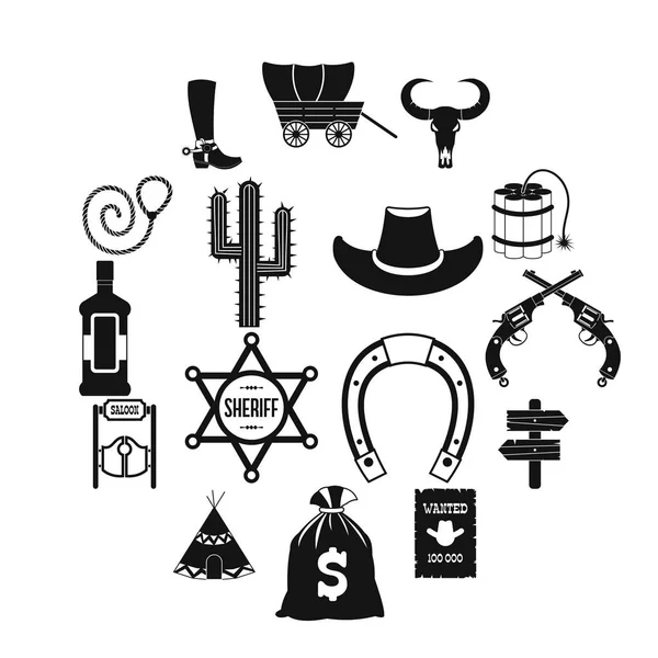 Wild west cowboy black simple icons — Stock Vector