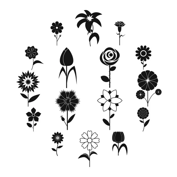 Virág ikonok beállítása, fekete egyszerű stílus — Stock Vector
