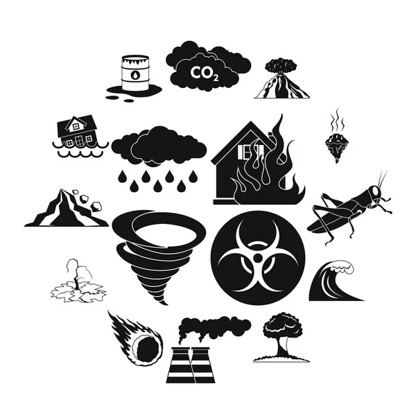 Conjunto de iconos de desastres naturales, estilo negro simple — Archivo Imágenes Vectoriales