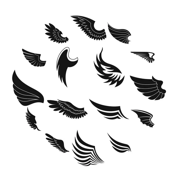 Flügel Icons Set, schwarzer einfacher Stil — Stockvektor