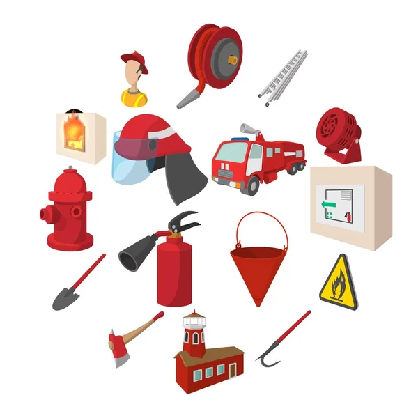 Conjunto de ícones de desenhos animados de bombeiro — Vetor de Stock