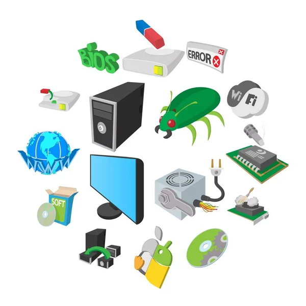 Komputer serwis zestaw ikon, stylu cartoon — Wektor stockowy