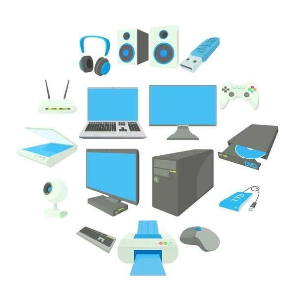 Conjunto de ícones de equipamentos de computador, estilo cartoon — Vetor de Stock