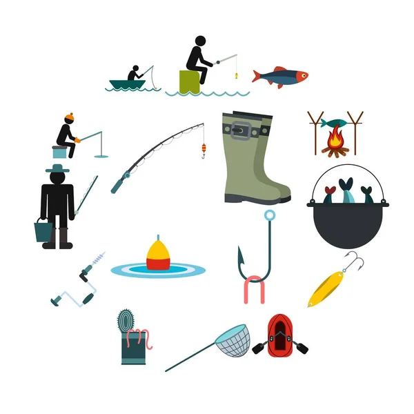 Set de iconos planos de pesca — Vector de stock