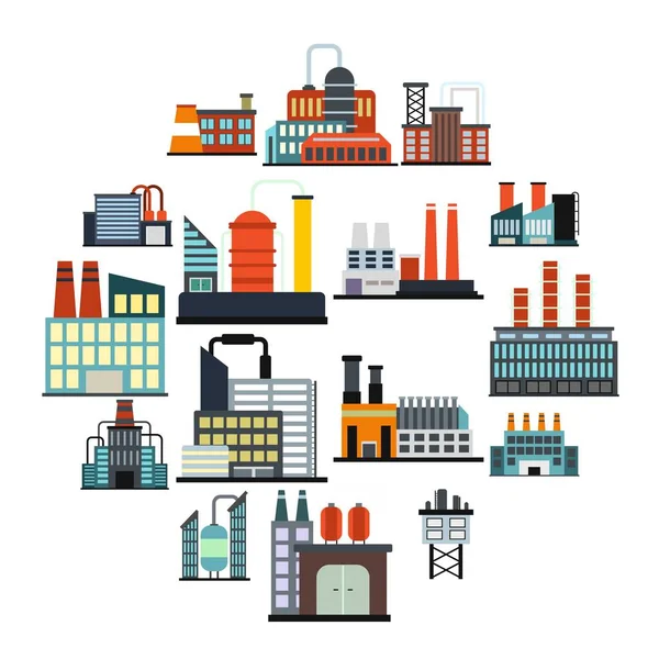 Construção industrial fábrica ícones planos —  Vetores de Stock