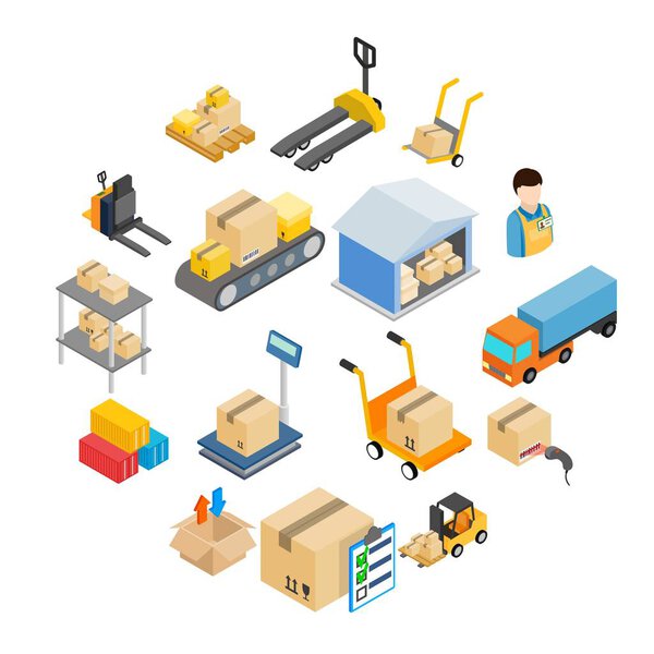 Warehouse logistic storage icons set