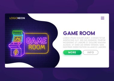 Renkli açılış sayfası. Web sitesi kurmak alay. Ana sayfa. Web banner şablon. Sosyal medya, iş uygulaması, seo ve pazarlama. Tema oyun salonu. Oyun. Neon işareti stili. Vektör çizim