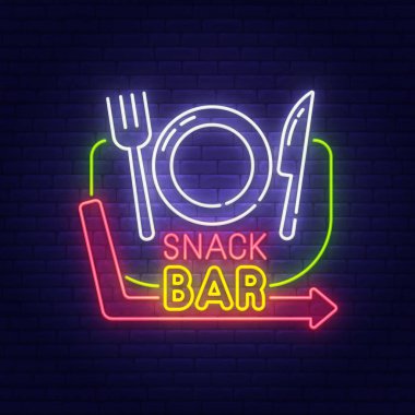 Snack bar neon tabela, parlak tabela, afiş ışık. Cafe ve restaurant logo, amblem. Vektör çizim