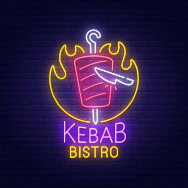 Kebap Bistro neon tabela, parlak tabela, afiş ışık. Shawarma Cafe logo ve amblem. Vektör çizim