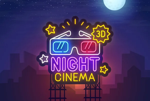 Cidade nocturna. Assina néon. Cinema noturno. Um cartaz brilhante. Bandeira de cinema 3D, logotipo, emblema e rótulo. Placa luminosa, banner luminoso. Ilustração vetorial . — Vetor de Stock