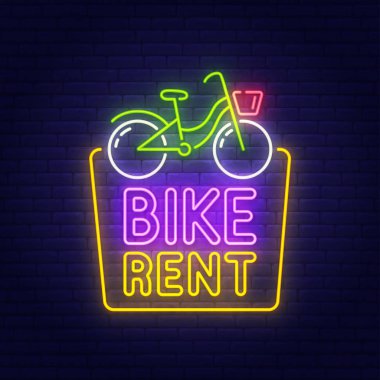 Kiralık bisiklet neon tabela, parlak tabela, ışık afiş. Bisiklet logo, amblem. Vektör çizim