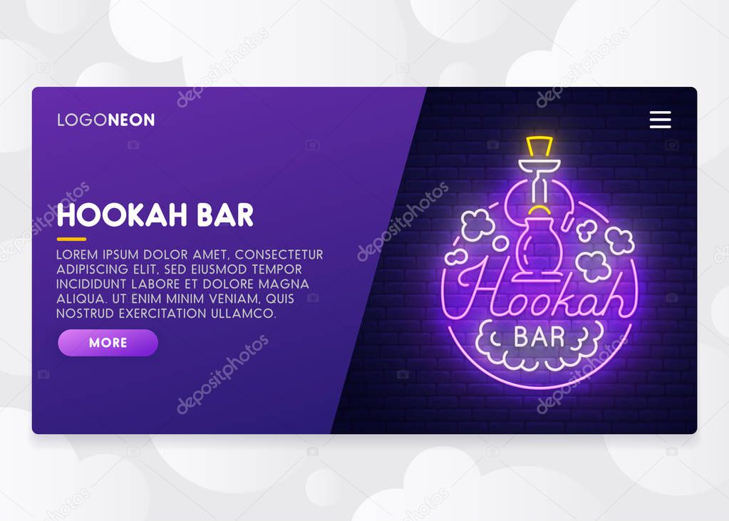 Colorful Landing Page. Mock up website. Home Page. Web banner templates. Social media, business app, seo and marketing. Theme Hookah bar. Lounge Hookah. Neon sign style. Vector illustration