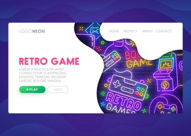 Renkli açılış sayfası. Web sitesi kurmak alay. Ana sayfa. Web banner şablon. Sosyal medya, iş uygulaması, seo ve pazarlama. Tema Retro oyun. Oyun. Neon işareti stili. Vektör çizim