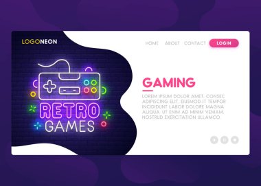 Açılış sayfası. Web sitesi kurmak alay. Ana sayfa. Web banner şablon. Sosyal medya, iş uygulaması, seo ve pazarlama. Tema Retro oyun. Oyun. Neon işareti stili. Vektör çizim