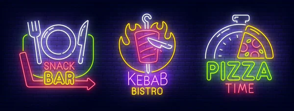 Grote set neon reclamebord, thema Fast Food. Snak Bar, Kebab café en Pizza tijd neon teken, geïsoleerd sticker, heldere uithangbord, lichte banner. Vectorillustratie — Stockvector
