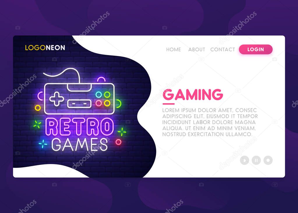 Landing Page. Mock up website. Home Page. Web banner templates. Social media, business app, seo and marketing. Theme Retro Game. Gamer. Neon sign style.