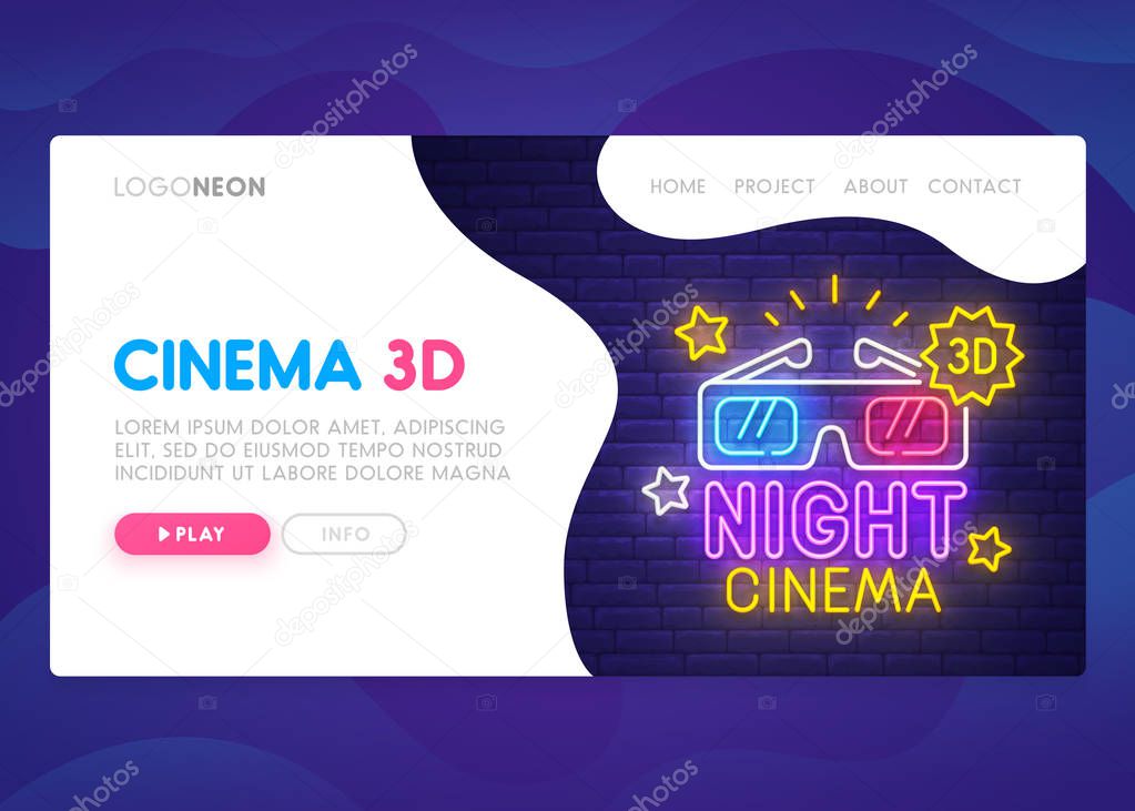 Landing Page. Mock up website. Home Page. Web banner templates. Social media, business app, seo and marketing. Theme Cinema 3D. Night Cinema. Neon sign style. Vector illustration