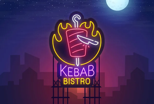 Stad van de nacht. Neon teken. Kebab Bistro. Heldere billboard. Cafe en restaurant banner, shoarma logo, embleem en label. Heldere uithangbord, lichte banner. Vectorillustratie. — Stockvector