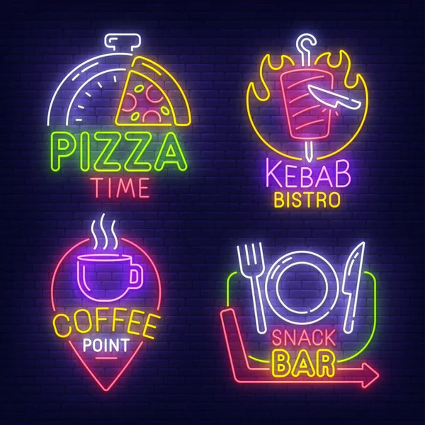 Großes Set neonfarbene Reklametafel, Thema Fast Food. Snack Bar, Dönercafé, Coffee Point und Pizza Zeit Leuchtreklame, isolierte Aufkleber, helles Schild, Lichtbanner. Vektorillustration — Stockvektor