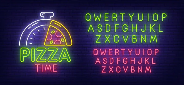 Pizza Time neon sign, tabuleta brilhante, banner de luz. Café e logotipo do restaurante. Criador de sinais de néon. Edição de texto de néon —  Vetores de Stock