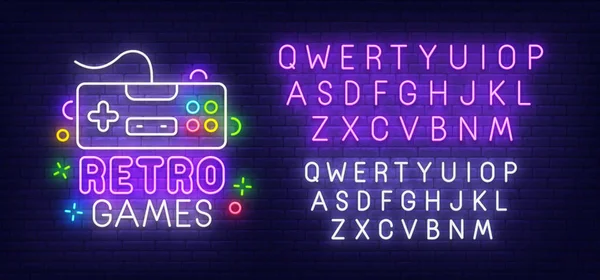 Retro játékok neonreklám, fényes jelzőtábla, könnyű banner. Gamer logó. Neon jel alkotója. Neon szöveg szerkesztése — Stock Vector