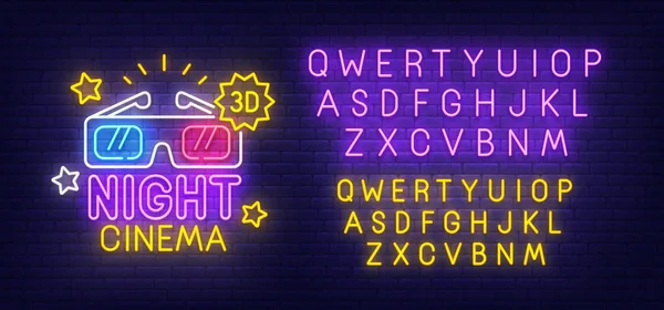 Éjszakai mozi neonreklám, fényes jelzőtábla, könnyű banner. Cinema 3d logo. Neon jel alkotója. Neon szöveg szerkesztése — Stock Vector