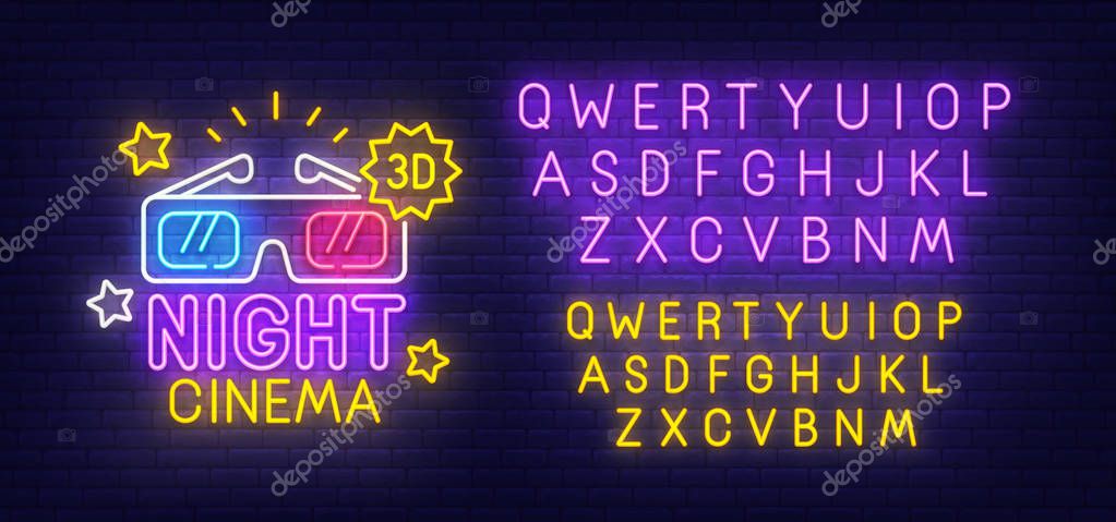 Night Cinema neon sign, bright signboard, light banner. Cinema 3D logo. Neon sign creator. Neon text edit.
