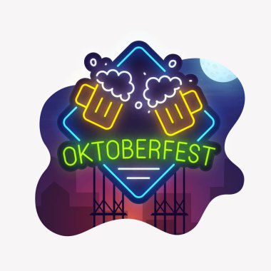 Etiket izole kesmek. Gece şehir. Neon işareti. Bira partisi. Parlak billboard. Oktoberfest afiş.