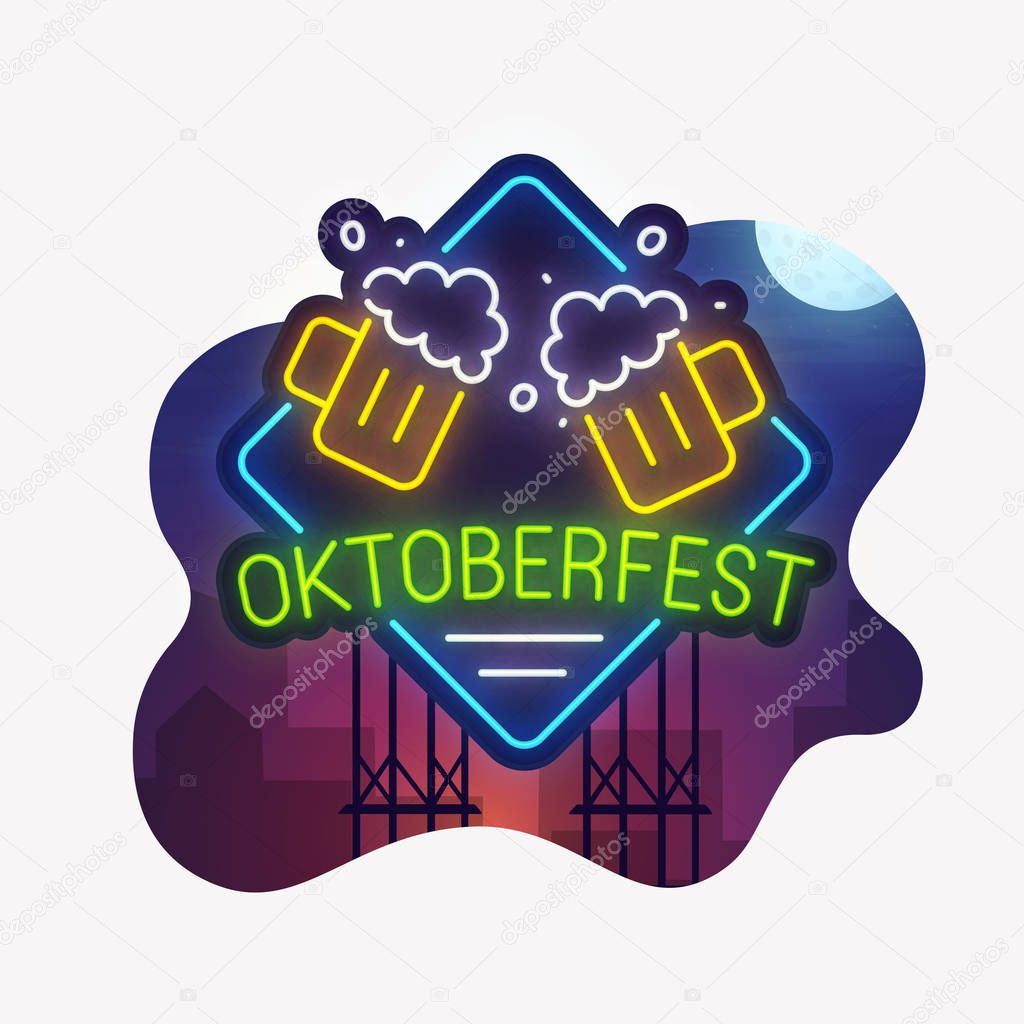 Sticker cut isolated. Night city. Sign neon. Beer party. Bright billboard. Oktoberfest banner.