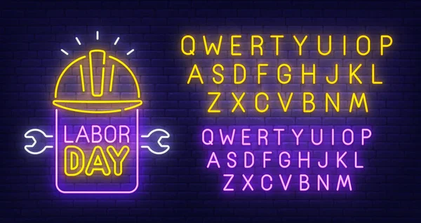 Labor Day neon znak, szyld jasne, lekkie transparent. Szczęśliwy dzień pracy logo. Neon znak Stwórcy. Edytuj tekst Neon — Wektor stockowy