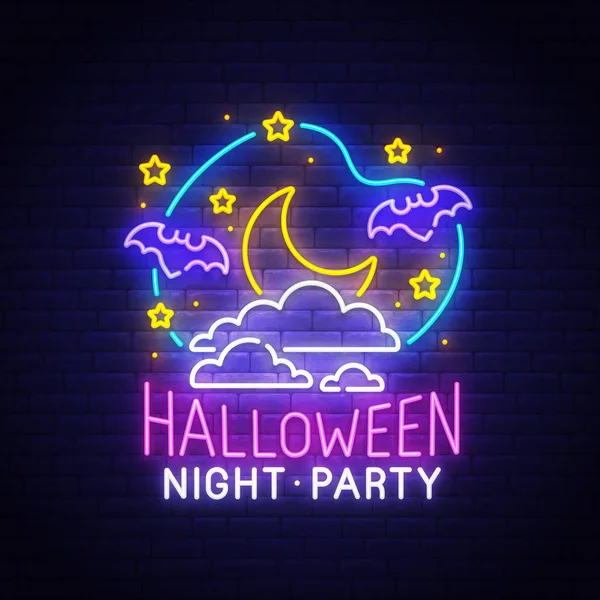 Happy Halloween neon teken, heldere uithangbord, licht banner. Halloween wenskaart. Nachtelijke hemel, de maan en vleermuis logo, embleem. Vectorillustratie — Stockvector