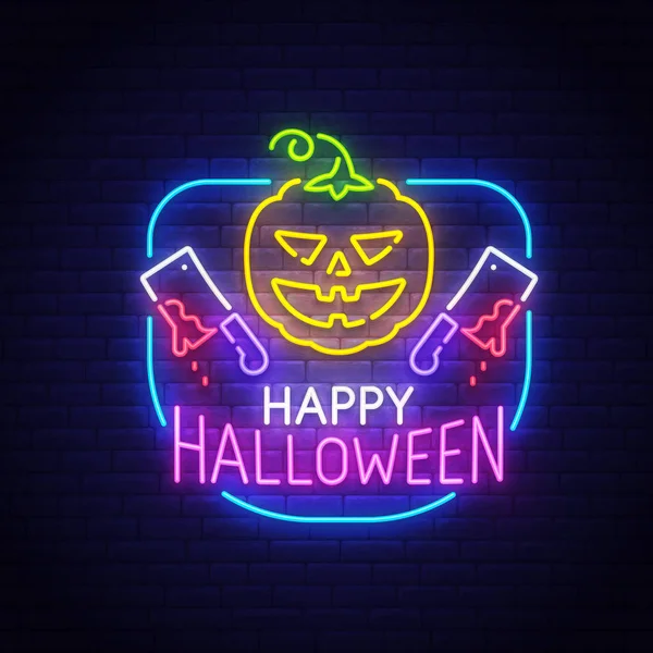 Sinal de néon de Halloween feliz, tabuleta brilhante, banner de luz. Cartão do Dia das Bruxas. Logotipo de abóbora irritada, emblema. Ilustração vetorial —  Vetores de Stock