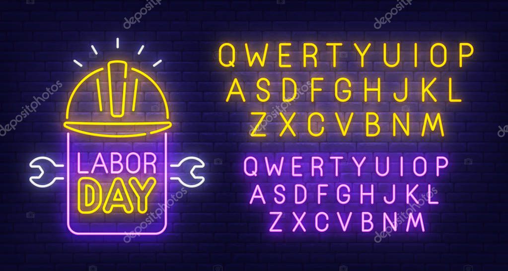 Labor Day neon sign, bright signboard, light banner. Happy Labor Day logo. Neon sign creator. Neon text edit.