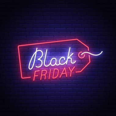 Siyah Cuma neon tabela, parlak tabela, afiş ışık. Büyük satış logo, amblem. Vektör çizim
