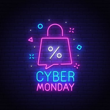 Cyber Pazartesi neon tabela, parlak tabela, afiş ışık. İndirim, gece Satılık logo, amblem. Vektör çizim