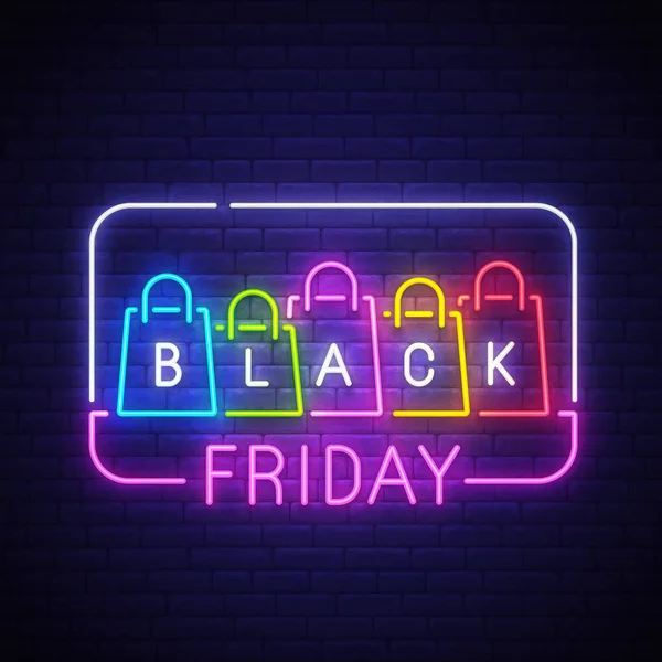 Black Friday neon sign, bright signboard, light banner. Big sale logo, emblem. Vector illustration — Stock Vector