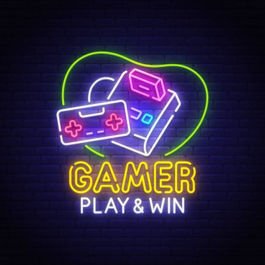 Retro Oyunlar neon tabela, parlak tabela, afiş ışık. Oyun logo, amblem. Vektör çizim