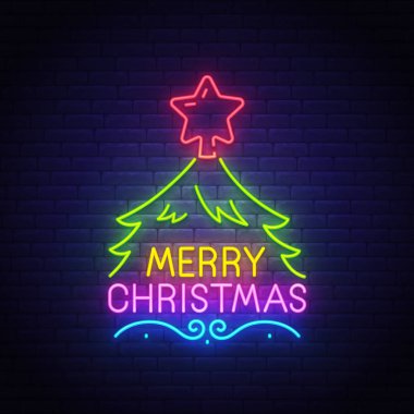 Neşeli Noel neon metin, parlak tabela, ışık afiş. Noel ağacı neon logo, amblem. Neşeli Noel işareti. Vektör çizim